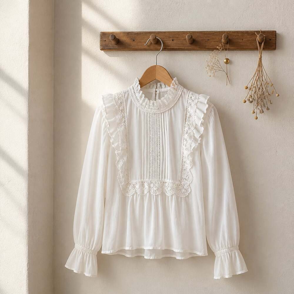 Eri + Ali Lace Trim Ruffle Victorian Style Blouse